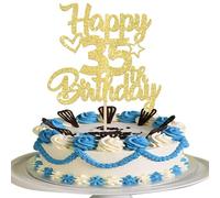 SYKYCTCY 1 Pack Happy 35th Birthday Cake Topper Glitter Heart Star 35 Fabulous Cake Pick Birthday Sign Cake Decorations for 35th Birthday Theme Party Supplies Gold