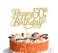 SYKYCTCY 1 Pack Happy 50th Birthday Cake Topper with Glitter Star Cheers to 50 Cake Pick 50 Fabulous Cake Decorations for 50th Birthday Anniversary Theme Party Supplies Gold