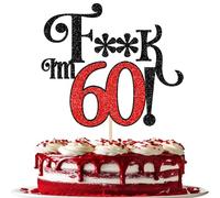 SYKYCTCY 1 Pack Happy 60th Birthday Cake Topper Glitter Sixty Hello 60 Cherrs to 60 Cake Pick I'm 60 Funny 60 Cake Decorations for Men Women 60th Birthday Anniversary Party Supplies Black Red