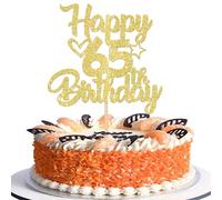 SYKYCTCY 1 Pack Happy 65th Birthday Cake Topper Glitter Heart Star 65 Fabulous Cake Pick Birthday Sign Cake Decorations for 65th Birthday Theme Party Supplies Gold