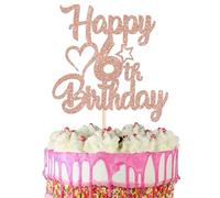 SYKYCTCY 1 Pack Happy 6th Birthday Cake Topper - Glitter Heart Star 6 Fabulous Cake Pick Sign Decorations for Theme Party Supplies - Rosegold