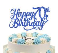 SYKYCTCY 1 Pack Happy 70th Birthday Cake Topper with Glitter Star Cheers to 70 Cake Pick 70 Fabulous Cake Decorations for 70th Birthday Anniversary Theme Party Supplies Blue