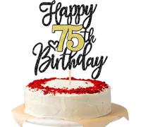 SYKYCTCY 1 Pack Happy 75th Birthday Cake Topper Black Gold Glitter Cheers to 75 Years Birthday Cake Pick 75 Fabulous Cake Decoration for Happy 75th Birthday Anniversary Party Decorations Supplies