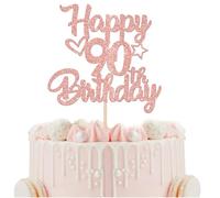 SYKYCTCY 1 Pack Happy 90th Birthday Cake Topper Glitter Heart Star 90 Fabulous Cake Pick Birthday Sign Cake Decorations for 90th Birthday Theme Party Supplies Rosegold