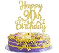 SYKYCTCY 1 Pack Happy 90th Birthday Cake Topper Glitter Little Star 90 Fabulous Cake Pick Birthday Sign Cake Decorations for 90th Birthday Theme Party Supplies Gold