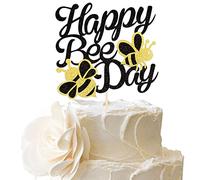 SYKYCTCY 1 Pack Happy Bee Day Cake Topper Glitter Bumble Bee Theme Cake Picks Decorations for Baby Shower Party, Bee Theme Birthday Party Supplies Black