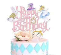 SYKYCTCY 1 Pack Happy Birthday Alice Cake Topper Glitter Kit Magic Tea Party Eat Me Cake Picks Lets Partea Baby Shower Girls Boys Baby Birthday Wedding Party Cake Decorations Supplies