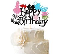 SYKYCTCY 1 Pack Happy Birthday Alice Cake Topper Glitter Kit Magic Tea Party Eat Me Cake Picks Lets Partea Baby Shower Girls Boys Baby Birthday Wedding Party Cake Decorations Supplies Black