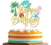 SYKYCTCY 1 Pack Happy Birthday Cake Topper Summer Hawaiian Beach Cake Pick Glitter Green Palm Tree Summer Pool Happy Birthday Cake Decoration for Summer Baby Shower Birthday Party Supplies