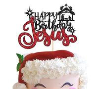 SYKYCTCY 1 Pack Happy Birthday Jesus Cake Topper Jesus birthday Cake Picks Jesus is Reason for the Season for Nativity Scene Christmas Birthday Party Cake Picks Decorations Supplies Red Black