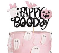 SYKYCTCY 1 Pack Happy Boo Day Cake Topper Boo Ghost Pumpkin Bats Halloween Birthday Cake Pick Baby Shower Kids Birthday Happy Halloween Party Cupcake Decoration Supplies Pink