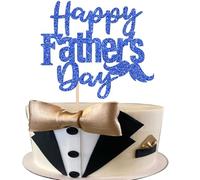 SYKYCTCY 1 Pack Happy Father's Day Cake Topper Glitter Love Dad Cake Pick Super Dad Moustache Cake Decoration for Happy Father's day Theme Men Birthday Party Supplies Blue