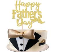 SYKYCTCY 1 Pack Happy Father's Day Cake Topper Glitter Love Dad Cake Pick Super Dad Moustache Cake Decoration for Happy Father's day Theme Men Birthday Party Supplies Gold