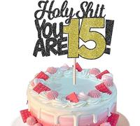 SYKYCTCY 1 Pack Holy Shit You are 15 Cake Topper Glitter 15th Birthday Cake Pick for Sweet 15 Fifteen Cheers to 15 Years Old Birthday Party Funny 15th Cake Decorations Supplies