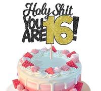SYKYCTCY 1 Pack Holy Shit You are 16 Cake Topper Glitter Funny 16th Birthday Cake Pick for Sweet 16 Sixteen Cheers to 16 Years Old Birthday Party Cake Decorations Supplies