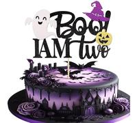 SYKYCTCY 1 Pack I’m Two Cake Topper Halloween 2nd Boo Ghost Bats Halloween Birthday Cake Pick Baby Shower Kids Birthday Happy Halloween Party Cupcake Decoration Supplies Purple