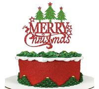 SYKYCTCY 1 Pack Merry Christmas Cake Topper Glitter Star Christmas Tree Elk Birthday Cake Picks for Xmas Theme Baby Shower Kids Birthday Party Cake Decoations Supplies Red Green
