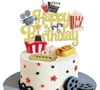 SYKYCTCY 1 Pack Movie Night Cake Topper Happy Birthday Sign Cake Pick Decorations for Theater Video Recorder Roll Camera Popcorn Hollywood Theme Family Film Baby Shower Birthday Party Supplies