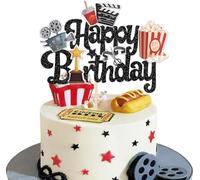 SYKYCTCY 1 Pack Movie Night Cake Topper Happy Birthday Sign Cake Pick Decorations for Theater Video Recorder Roll Camera Popcorn Hollywood Theme Family Film Baby Shower Birthday Party Supplies
