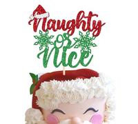 SYKYCTCY 1 Pack Naughty Or Nice Cake Topper Red Green Glittery Santa Hat Snowflake Christmas Cupcake Pick for Merry Christmas Theme Birthday Baby Shower Party Happy New Year Cake Decorations Supplies