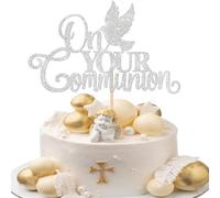 SYKYCTCY 1 Pack On Your Communion Cake Topper Glitter On Your Communion Cake Decorations Peace Dove Cake Topper for Kids Birthday Baby Shower Wedding Bridal Shower Marriage Anniversary Silver
