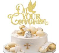 SYKYCTCY 1 Pack On Your Communion Cake Topper Glitter On Your Communion Cake Decorations Peace Dove Cake Topper for Kids Birthday Baby Shower Wedding Bridal Shower Marriage Anniversary Gold
