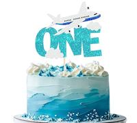 SYKYCTCY 1 Pack One Airplane Cake Topper Glitter Airplane Cake Pick First Birthday Cake Decorations for Oh How Time Flies First Birthday Baby Shower Boys Girls Kids Party Supplies Blue White