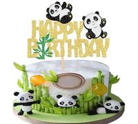 SYKYCTCY 1 Pack Panda Happy Birthday Cake Topper Glitter Green Bamboo Cake Picks Cute Animal Bear Cake Decorations for Panda Theme Baby Shower Kids Birthday Party Supplies Gold