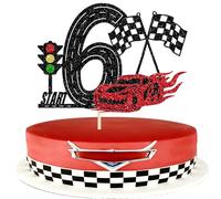 SYKYCTCY 1 Pack Race Car 6th Birthday Cake Topper Glitter Traffic Light Racing Car Flag Cake Pick for Racing Theme Baby Shower Kids Boys Girls 6th Birthday Party Cake Decorations Supplies