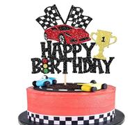 SYKYCTCY 1 Pack Race Car Cake Topper Glitter Traffic Light Trophies Flag Racing Car Happy Birthday Cake Pick for Let's Go Racing Theme Baby Shower Boys Girls Birthday Party Cake Decorations Supplies