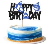 SYKYCTCY 1 Pack Shark Happy Birthday Cake Topper Glitter Shark Cake Pick Ocean Animals Sharks Cake Decoration for Under The Sea Theme Birthday Baby Shower Party Supplies