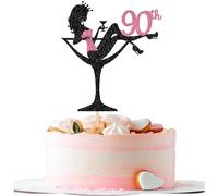 SYKYCTCY 1 Pack Sitting Cake Topper Glitter Ninety High Heel Girl 90th Birthday Cake Pick Cheers to 90 Years Cake Decorations for Lady Makeup Spa Theme Happy 90th Birthday Party Supplies