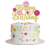 SYKYCTCY 1 Pack Smile Face Happy Birthday Cake Topper Gold Glitter Cut Emoji Cake Pick Smiley Assorted Emojions Cake Topper For Girls Baby Shower Birthday Party Cake Decoration Supplies Gold