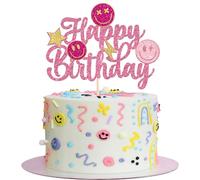 SYKYCTCY 1 Pack Smile Face Happy Birthday Cake Topper Gold Glitter Cut Emoji Cake Pick Smiley Assorted Emojions Cake Topper For Girls Baby Shower Birthday Party Cake Decoration Supplies Pink 2