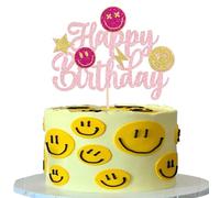 SYKYCTCY 1 Pack Smile Face Happy Birthday Cake Topper Gold Glitter Cut Smile Cake Pick Smiley Cake Topper For Girls Baby Shower Birthday Party Cake Decoration Supplies Pink