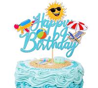 SYKYCTCY 1 Pack Summer Beach Cake Topper Swimming Pool Birthday Cake Pick Hawaii Beach Sun Happy Birthday Cake Decor Tropical Surfing Party Decorations for Summer Holiday Theme Baby Shower Supplies