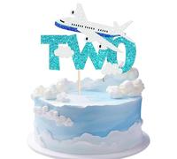 SYKYCTCY 1 Pack Two Airplane Cake Topper Glitter Airplane Sign Oh How Time Files Cake Pick Second Birthday Cake Decorations for Plane Theme 2nd Year Old baby shower Birthday Party Supplies Blue White