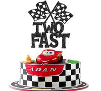SYKYCTCY 1 Pack Two Fast Birthday Cake Topper Black Glitter Checkered Flag Racing Car 2nd Birthday Cake Pick for Let's Go Racing Theme Boys Girls Kids Second Party Cake Decorations Supplies