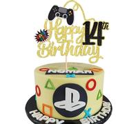 SYKYCTCY 1 Pack Video Game Happy 14th Birthday Cake Topper Glitter Video Game Cake Pick Game On Controllers Fourteenth Cheers to 14 Years Cake Decoration for Happy 14th Birthday Party Supplies Gold