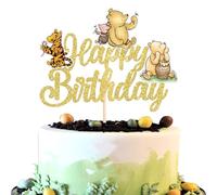 SYKYCTCY 1 Pack Winnie Happy Birthday Cake Topper Classic Birthday Cake Pick Cute Winnie Bear Cake Decorations for Animal Theme Baby Shower Bridal Shower Kids Birthday Party Supplies Gold