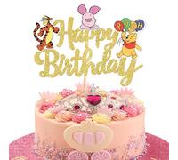 SYKYCTCY 1 Pack Winnie Happy Birthday Cake Topper Glitter Classic Birthday Cake Pick Cute Winnie Bear Cake Decorations for Baby Shower Bridal Shower Kids Birthday Party Supplies Gold