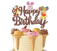 SYKYCTCY 1 Pack Winnie Happy Birthday Cake Topper Glitter Classic Winnie Bear Cake Pick for Baby Shower Bridal Shower Kids Birthday Party Cake Decorations Supplies Brown