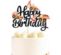 SYKYCTCY 1 PCS Construction Happy Birthday Cake Topper Glitter Truck Excavator Tractor Cake Pick Construction Cake Decorations for Construction Theme Baby Shower Kids Boys Girls Party Supplies Black
