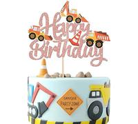 SYKYCTCY 1 PCS Construction Happy Birthday Cake Topper Glitter Truck Excavator Tractor Cake Pick for Construction Theme Baby Shower Kids Boys Girls Party Cake Decorations Supplies Rose gold