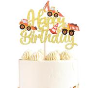 SYKYCTCY 1 PCS Construction Happy Birthday Cake Topper Glitter Truck Excavator Tractor Cake Pick for Construction Theme Baby Shower Kids Boys Girls Party Cake Decorations Supplies Gold