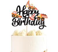 SYKYCTCY 1 PCS Construction Happy Birthday Cake Topper Glitter Truck Excavator Tractor Pick Decorations for Theme Baby Shower Kids Boys Girls Party Supplies Black (UKTC-527-Black)