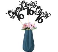SYKYCTCY 12 Pack Cheers to 16 Centerpiece Sticks Assembled Glitter Number 16 Sixteen 16th Birthday Table Flower Centerpiece Sticks for Cheers to 16 Years Old 16th Birthday Theme Party Supplies Black