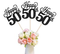 SYKYCTCY 12 Pack Happy 50th Centerpiece Sticks Glitter Number 50 Thirty 50th Birthday Table Flower Centerpiece Sticks for Cheers to 50 Years Old 50th Birthday Theme Party Supplies Black