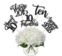 SYKYCTCY 15 Pack Happy 10th Birthday Centerpiece Sticks Glitter Vintage 2015 Ten 10 Fabulous Awesome Since 2015 Table Flower Centerpiece Sticks for 10th Birthday Fabulous Theme Party Supplies Black