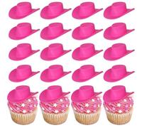 SYKYCTCY 20 Pack Plastic Mini Western Cowboy Hat Cake Toppers Miniature Doll Hats Cake Pick Disco Tiny Cowgirl Hat Cake Decorations for Western Birthday Party Supplies Pink